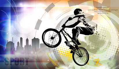 Fototapeta na wymiar Vector silhouette cycling on abstract background