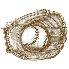 engraving  illustration of baseball glove and ball - 122085453