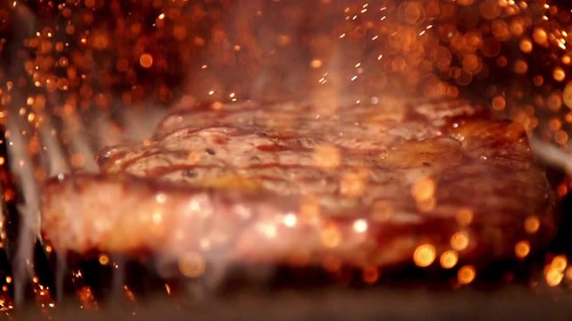 Cooking stake in slow motion