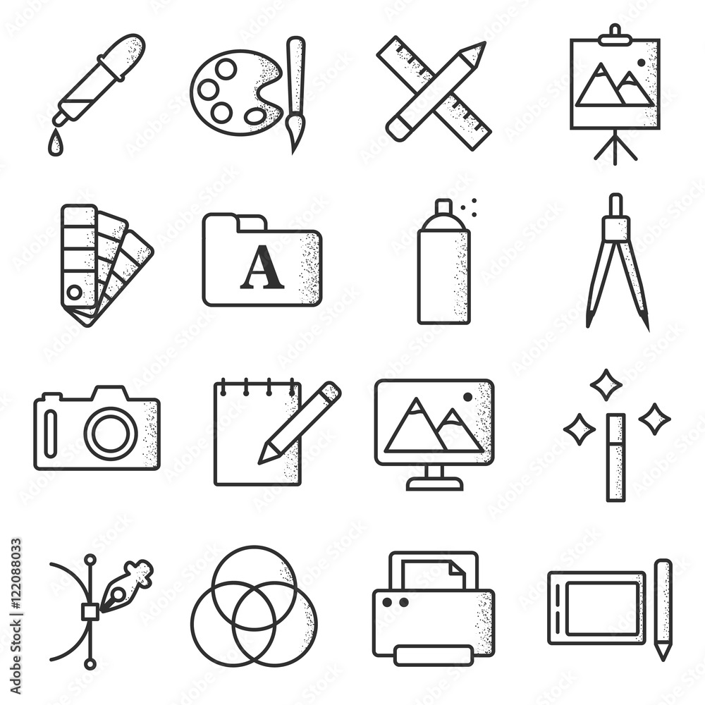 Fototapete graphics icons set, thin line design. graphic design. Creating and image processing, symbols collection on a white background. stipple effect