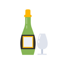 champagne flat icon. Alcoholic drink bottle and glass