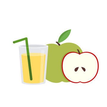 Apple juice. Juice from apple with straw. Glass with juice and apples