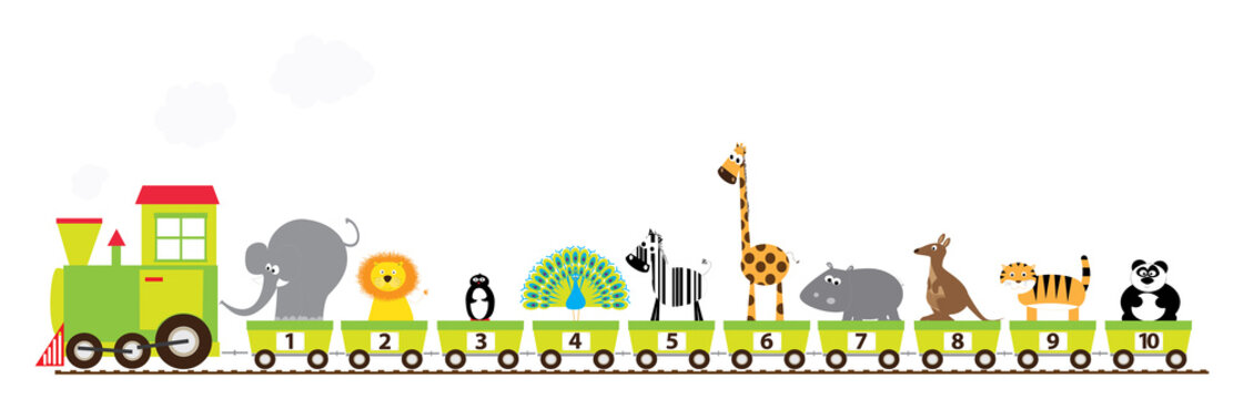 Cartoon train with numbers 1-10 and wild animals / educational vectors illustration