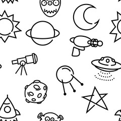 Vector seamless pattern with cartoon baby  styled space pictograms. 