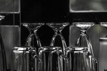 abstract empty clear glasses bottom up