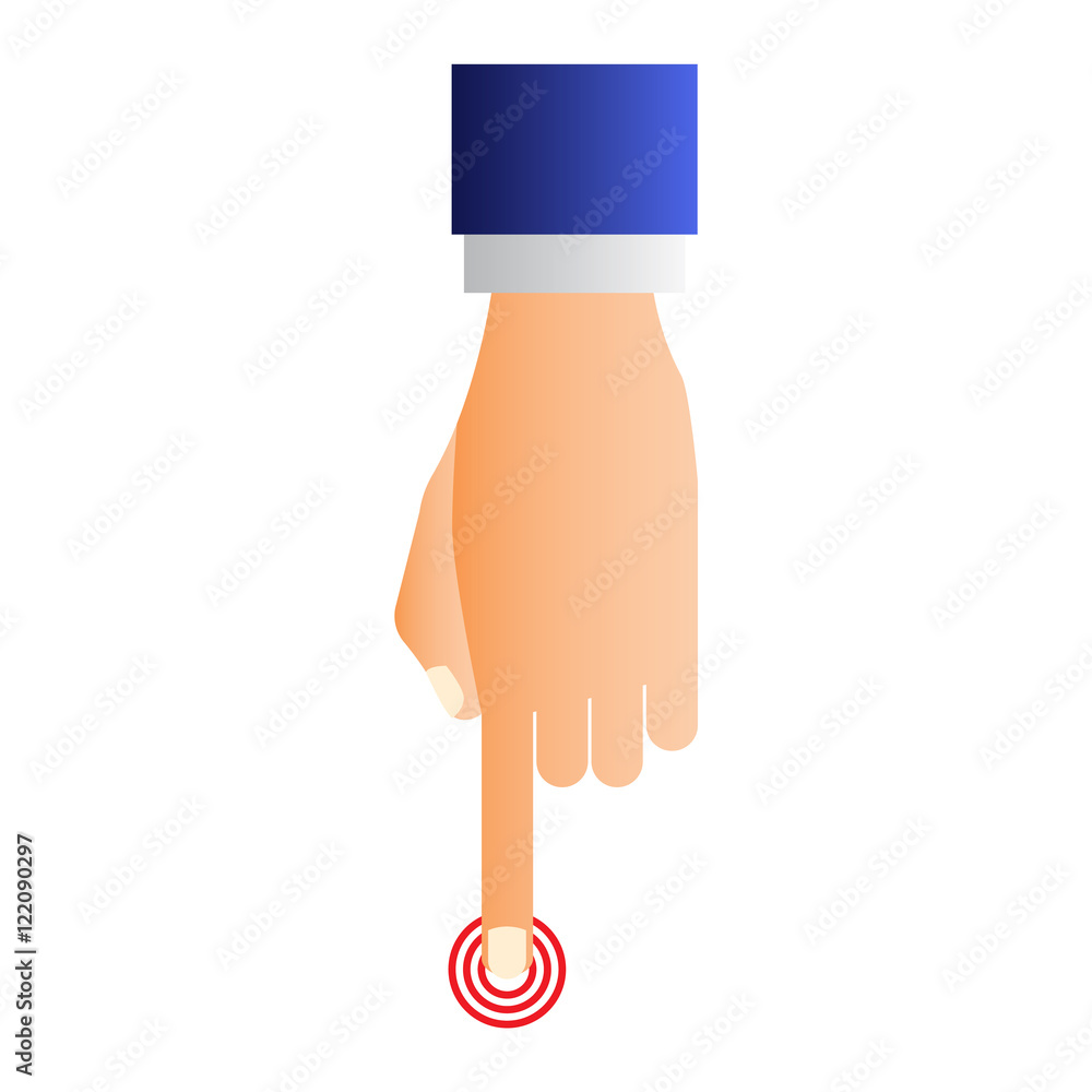 Poster hand press button finger press icon on white background. finger control start up hands push button p