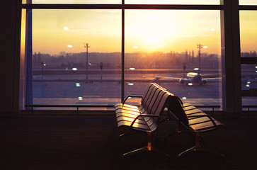 Waiting Room With Seats In Airport At Sunrise