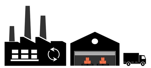 Usine de recyclage, hangar de stockage et camion de livraison
