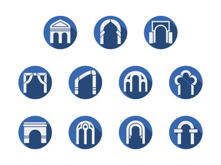 Arched gateways round blue vector icons set