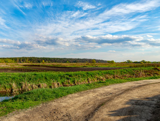Fototapeta na wymiar Dirt curving road with the shadow of a tree and green fields under blue cloudy sky. Rural landscape with road along the small river, green meadow and forest on the horizon, Irpin, Ukraine.