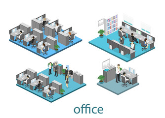 Flat 3d isometric abstract office floor interior departments concept. illustration of office