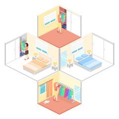 Girl chooses clothes in isometric room. Flat 3D illustration.