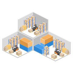 isometric interior of warehouse. The boxes are on the shelves. Flat 3d illustration.