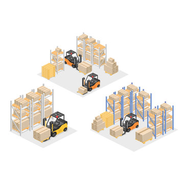 isometric interior of warehouse. The boxes are on the shelves. Flat 3d illustration.