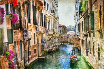 Gartenposter Romantischer Stil Romantisches Venedig - Kanäle und Gondeln. Kunstwerk im Malstil