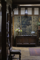 Arts & Crafts Set  with carved Oak cabinet, Flowers and Rug