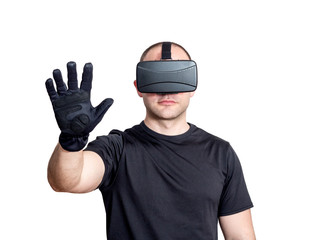 Man using virtual reality headset and touching a virtual interfa - 122095041
