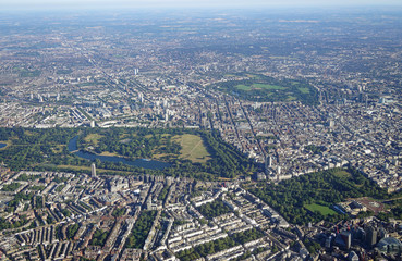 Aerial view of Central London and Hyde Park from an airplane window