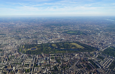 Aerial view of Central London and Hyde Park from an airplane window