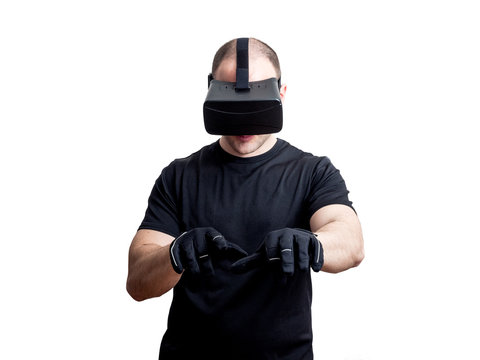 Man using virtual reality headset at work