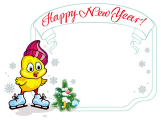 Vector frame with cute chicken in funny hat ice skating. Winter holiday illustration with Christmas tree.