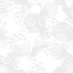 Black and white grunge abstract seamless pattern with circles, rings, different brush strokes and shapes. Infinity textured circles background. Vector illustration.