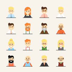 Various smiling cartoon faces, icons set. Group of cute happy diverse business people, vector illustrations isolated on white background. Avatars collection in flat design