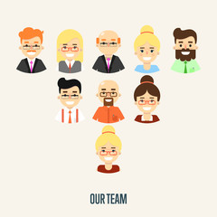 Group of smiling male and female faces avatars on white background. Our team banner, vector illustration. Teamwork and business team concept. Corporate hierarchy. Human resource management