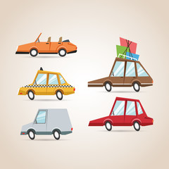 Naklejka premium Cars cartoons icon set. Transportation automobiles and travel theme. Colorful design. Vector illustration