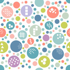 Textured circle festive colorful seamless pattern. Geometric dotted wallpaper. Random polka dot background. Pink, blue, green, orange, violet circles on white. Spotted seamless pattern. Vector.