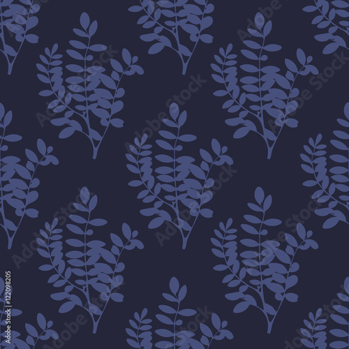 "Navy blue tree leaves and branches seamless pattern. Floral background