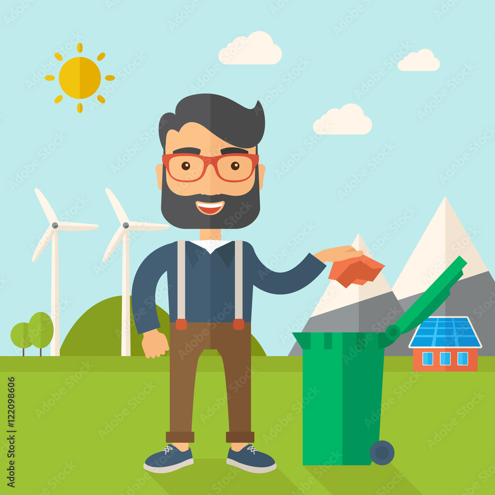 Poster man throwing paper in a garbage bin
