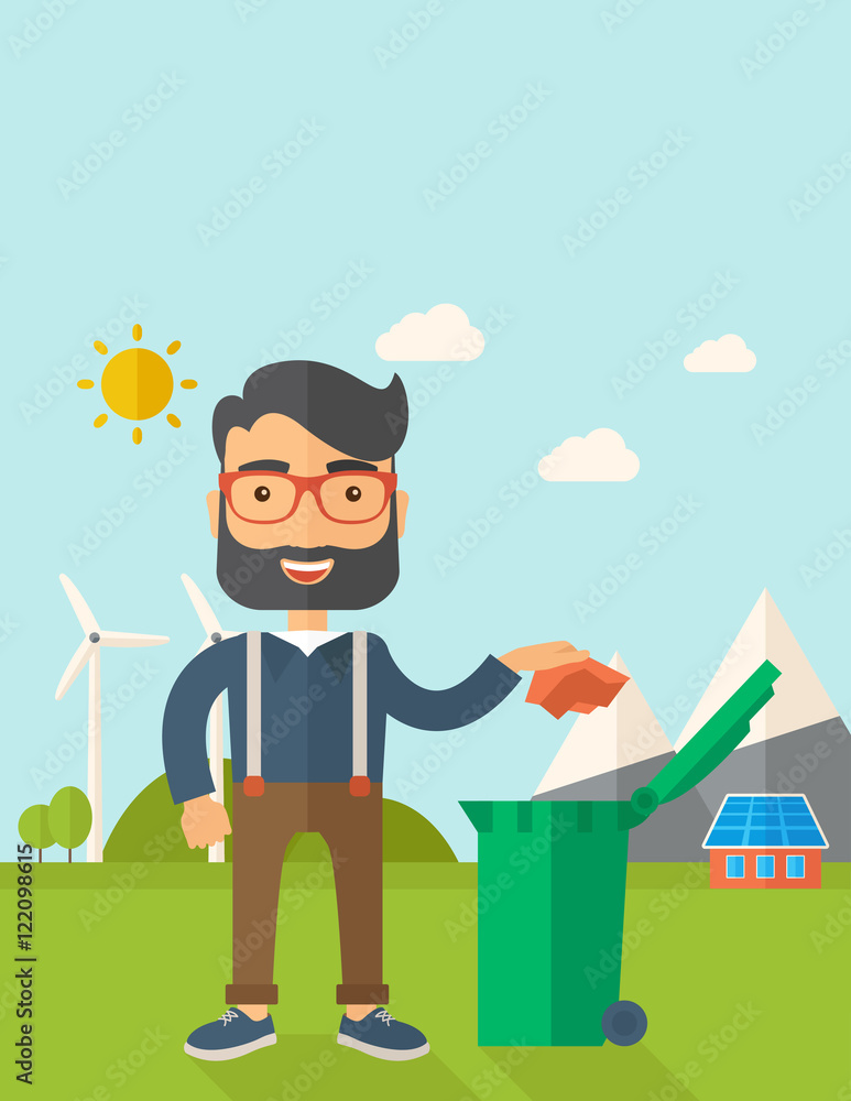 Poster man throwing paper in a garbage bin