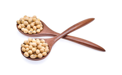 soybeans in wooden spoon isolate on white background