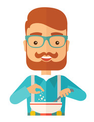 Young caucasian is eating salad for lunch in the restaurant.