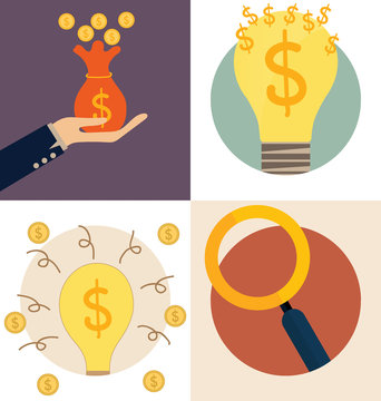 Business concept. Light bulb and Saving money bag with money coi