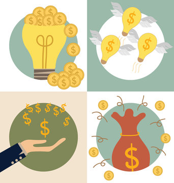 Business concept. Light bulb and Saving money bag with money coi