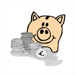 Sparschwein bewacht Geld und Finanzen - Zeichnung Illustration Grafik - rosa schwarz weiß grau