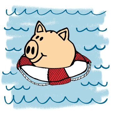 Sparschwein schwimmt mit Rettungsreifen im Wasser - Geld retten gerettet - Zeichnung Illustration gemalt - f&uuml;r Lehrer Trainer Dozenten