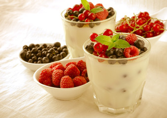 Sweet dessert, pudding, panna cotta with mix berries and mint
