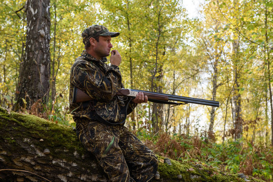 Hunter with a gun in the autumn woods, hunting for a hazel grouse
