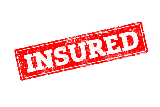 INSURED written on red rubber stamp with grunge edges.