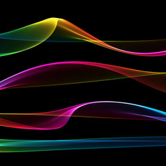 Set of abstract rainbow smoke fire brushes over black background. Wavy elegant collection elements for your design and art