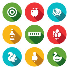 Vector Set of Target Icons. Archery, Apple, Plate for bench Shooting, Bottle, Biathlon, Balloons, Squirrel, Human figure, Duck.