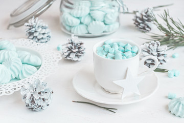 Christmas. Winter. Hot chocolate with marshmallow. Christmas composition