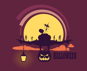 Zombie silhouettes on sunset. Halloween theme background. Bodybuilder posing on pumpkin. Witch fly out from body