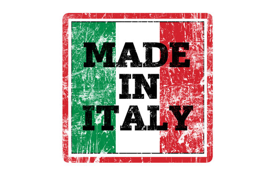 MADE IN ITALY word written on red rubber stamp and flag with grunge edges.