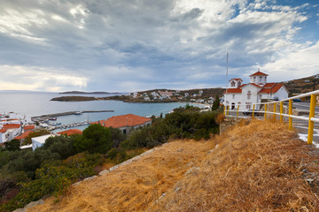 Batsi village on the coast of Andros island in Greece.