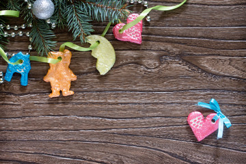 Christmas frame. Christmas tree branches and a garland Christmas