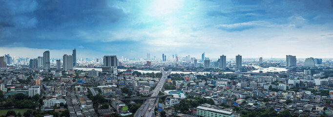 Aerial view of Bangkok city under the cloudy sky
